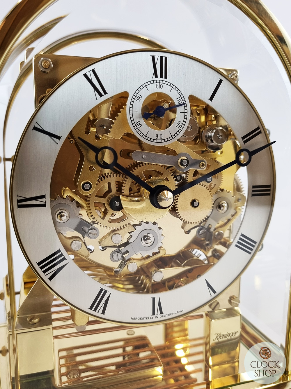 20cm Polished Brass Mechanical Skeleton Table Clock With Triple Chime By KIENINGER image