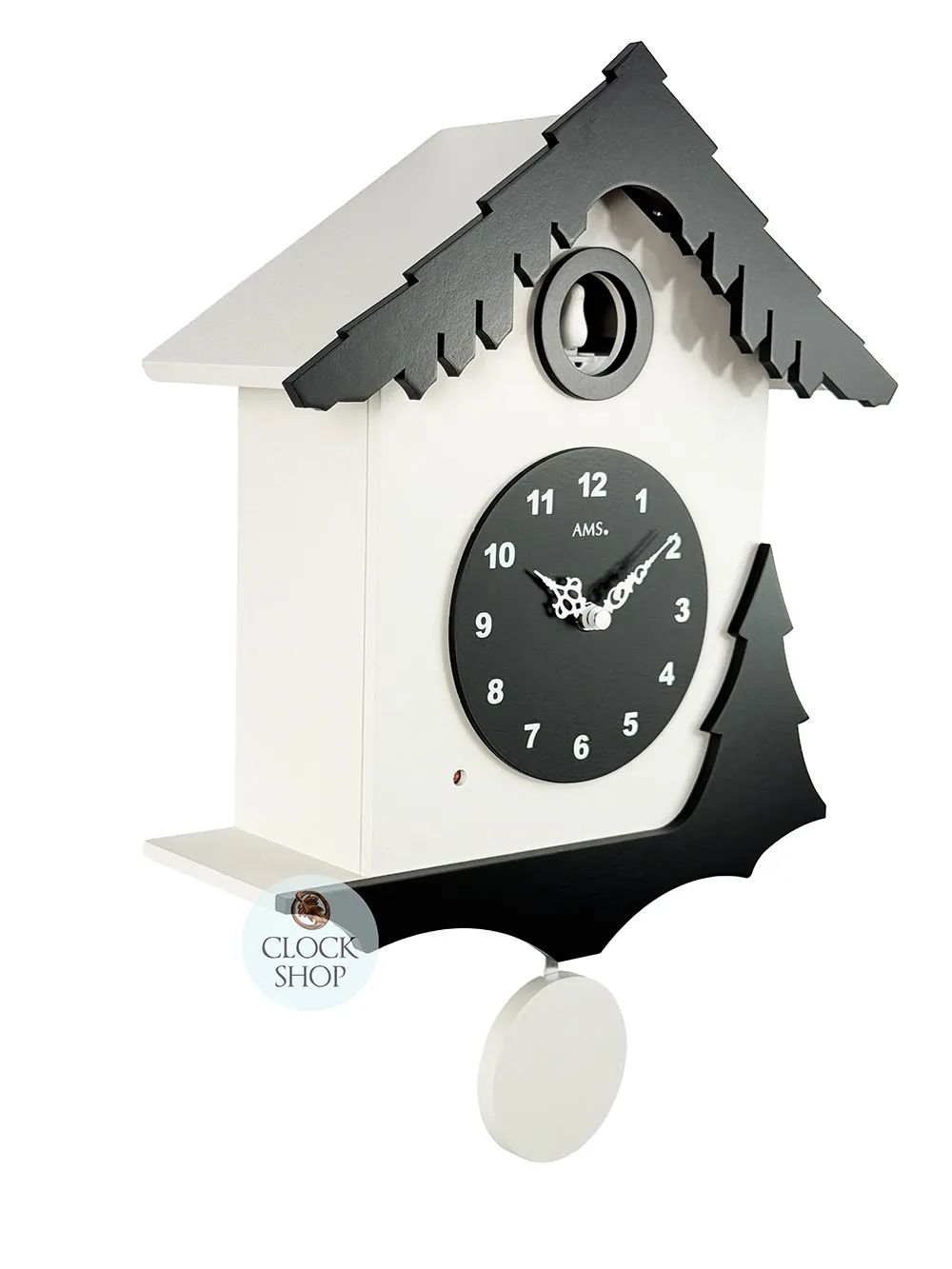 34cm Black & White Modern Battery Chalet Cuckoo Clock By AMS image