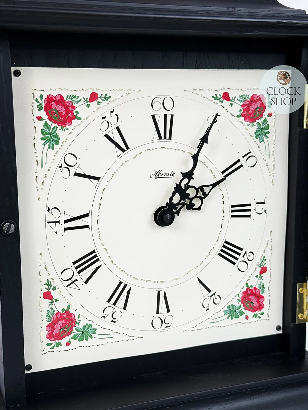 33cm Black Battery Mantel Clock With Westminster Chime & Vintage Floral Dial By HERMLE image