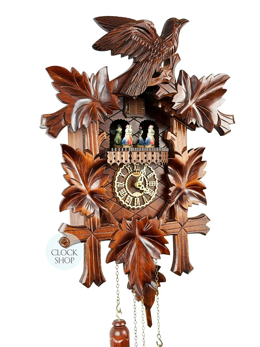 5 Leaf & Bird LED Battery Carved Cuckoo Clock With Dancers 48cm By TRENKLE image
