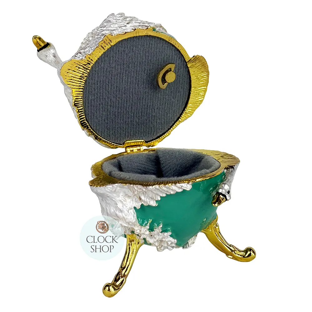 Green & White Egg Shaped Music Box With Swans (Tchaikovsky- Swan Lake) image