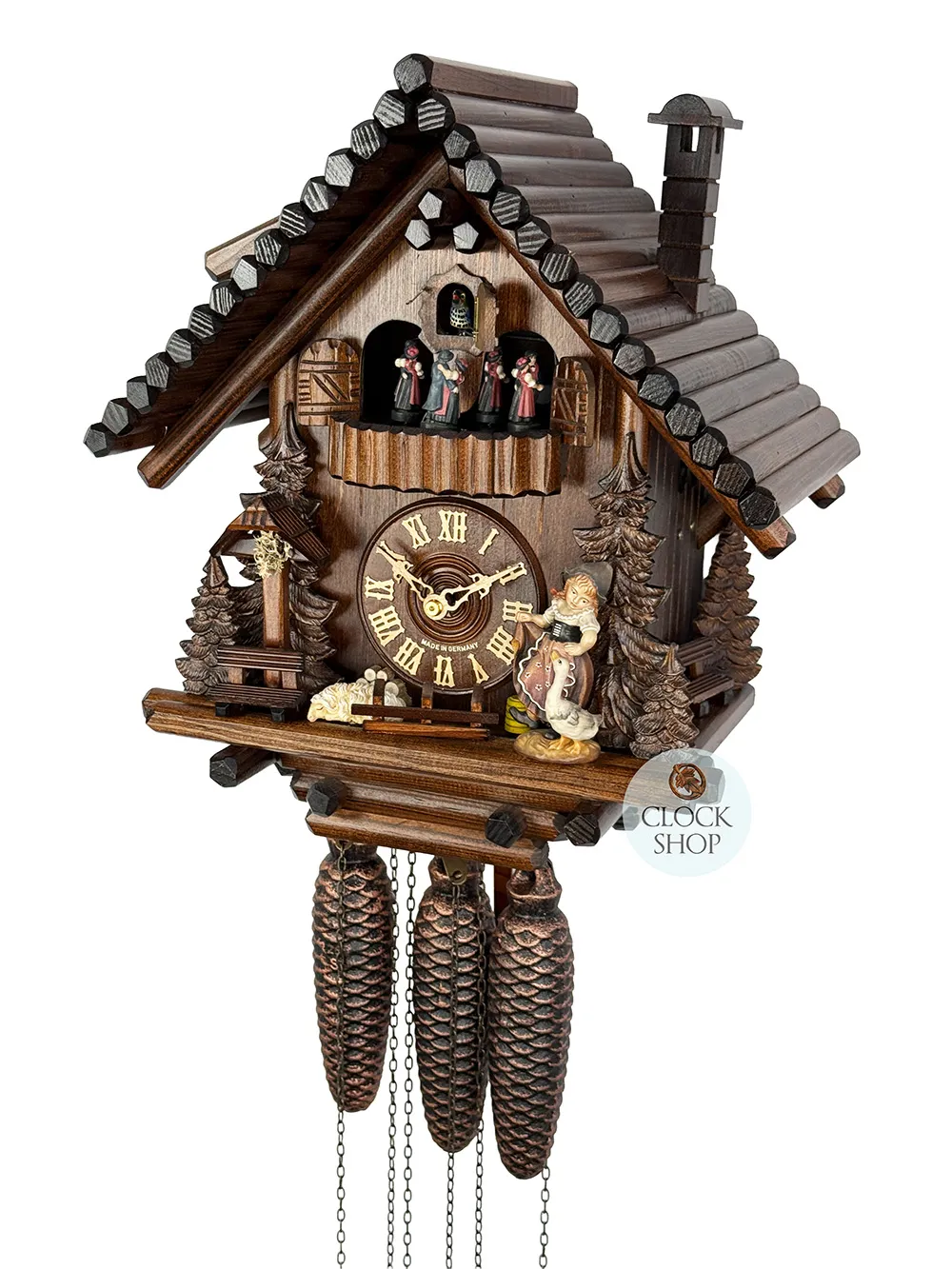 Log Cabin 8 Day Mechanical Chalet Cuckoo Clock With Girl, Geese & Dancers 38cm By SCHWER image