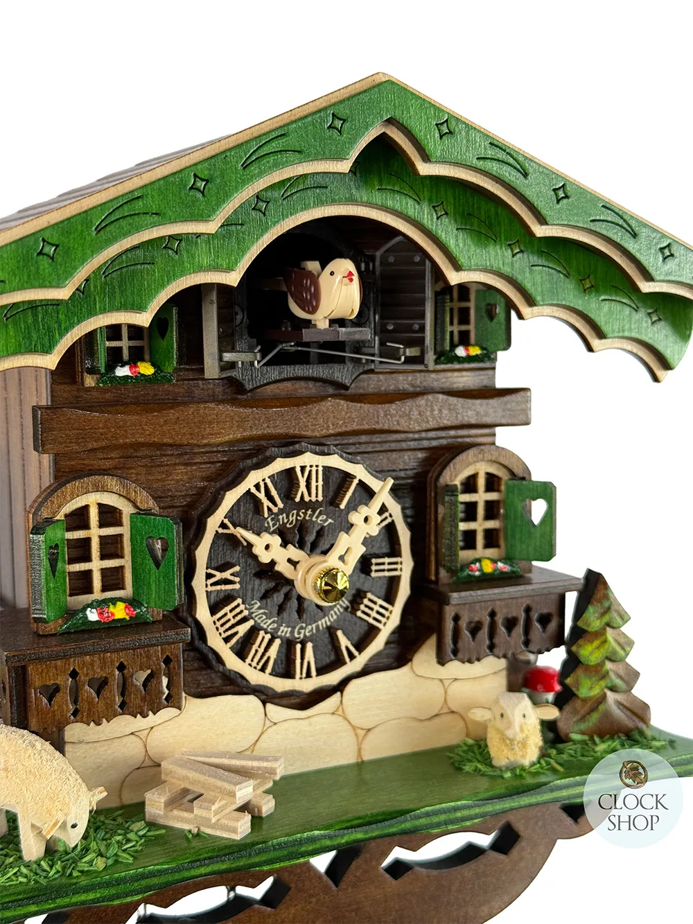 Sheep Battery Chalet Cuckoo Clock With Green Roof 18.5cm By ENGSTLER image