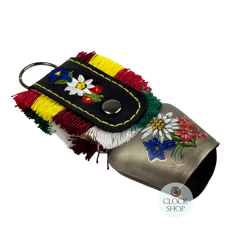 10cm Grey Cowbell With Painted Alpine Flowers & Fringed Black Leather Strap image