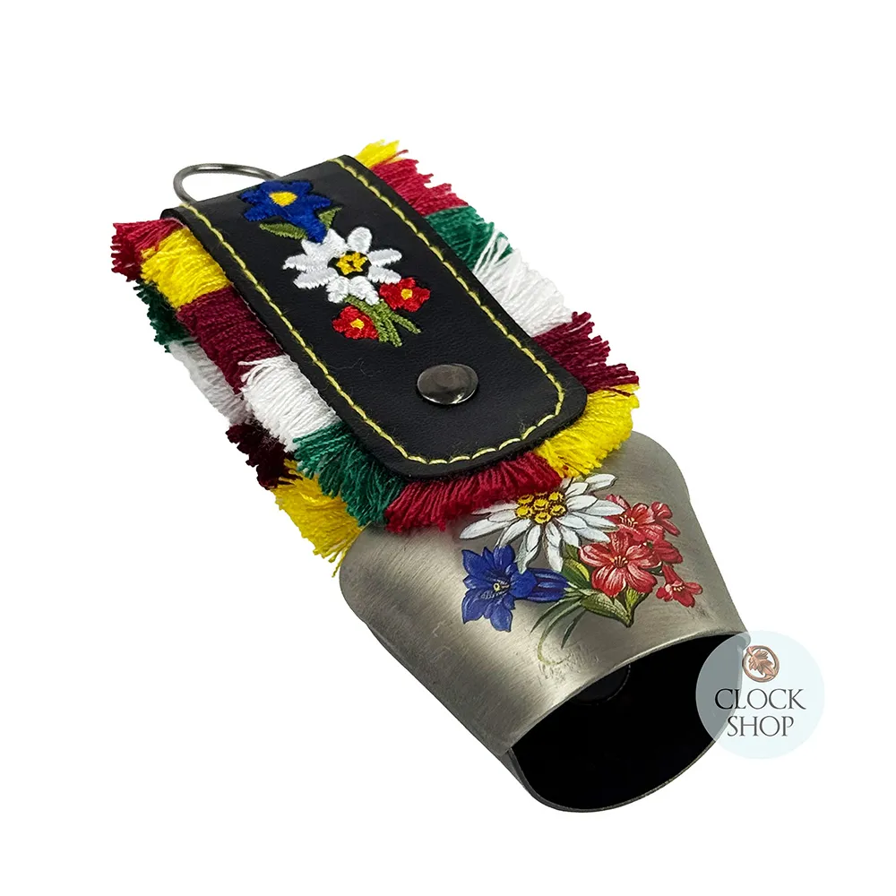12.5cm Grey Cowbell With Painted Alpine Flowers & Fringed Black Leather Strap image