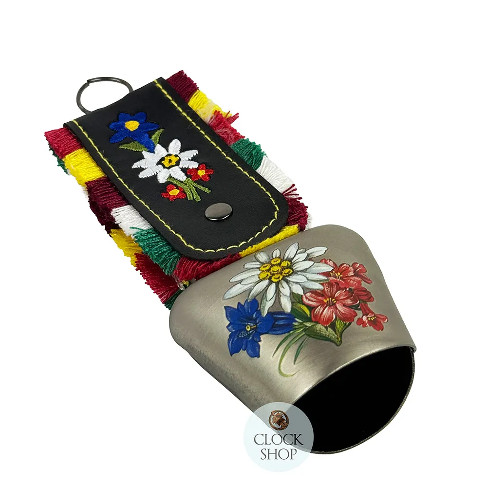 15.5cm Grey Cowbell With Painted Alpine Flowers & Fringed Black Leather Strap image