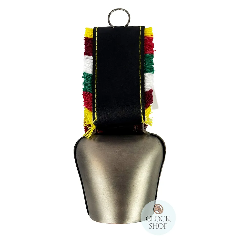 16.5cm Grey Cowbell With Painted Alpine Flowers & Fringed Black Leather Strap image