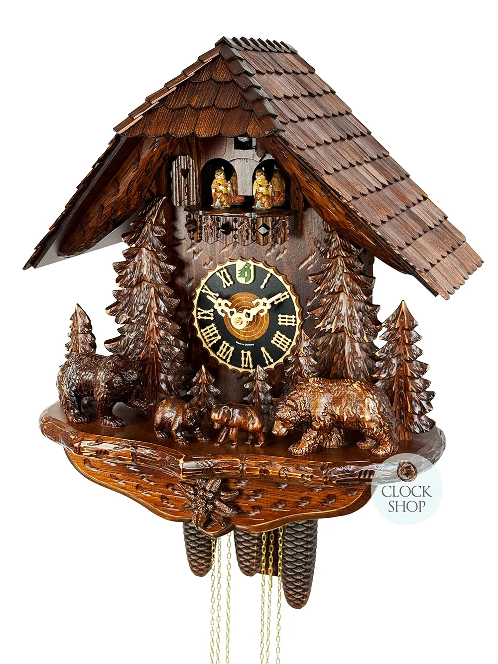 Bear Family In Forest 8 Day Mechanical Chalet Cuckoo Clock With Dancers 49cm By HÖNES image