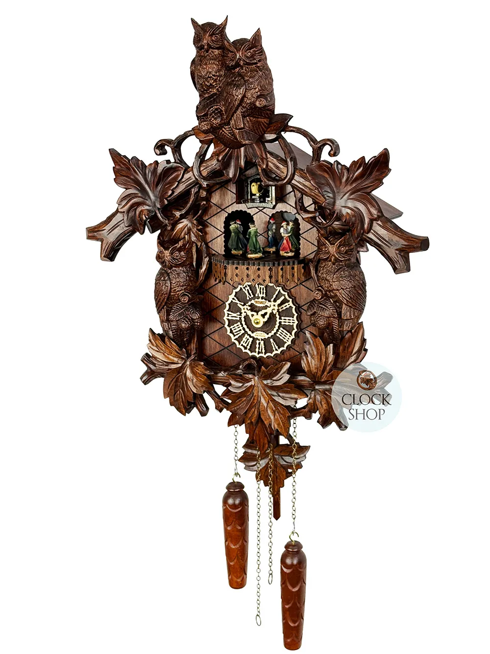 Owls Battery Carved Cuckoo Clock With Dancers 52cm By TRENKLE image