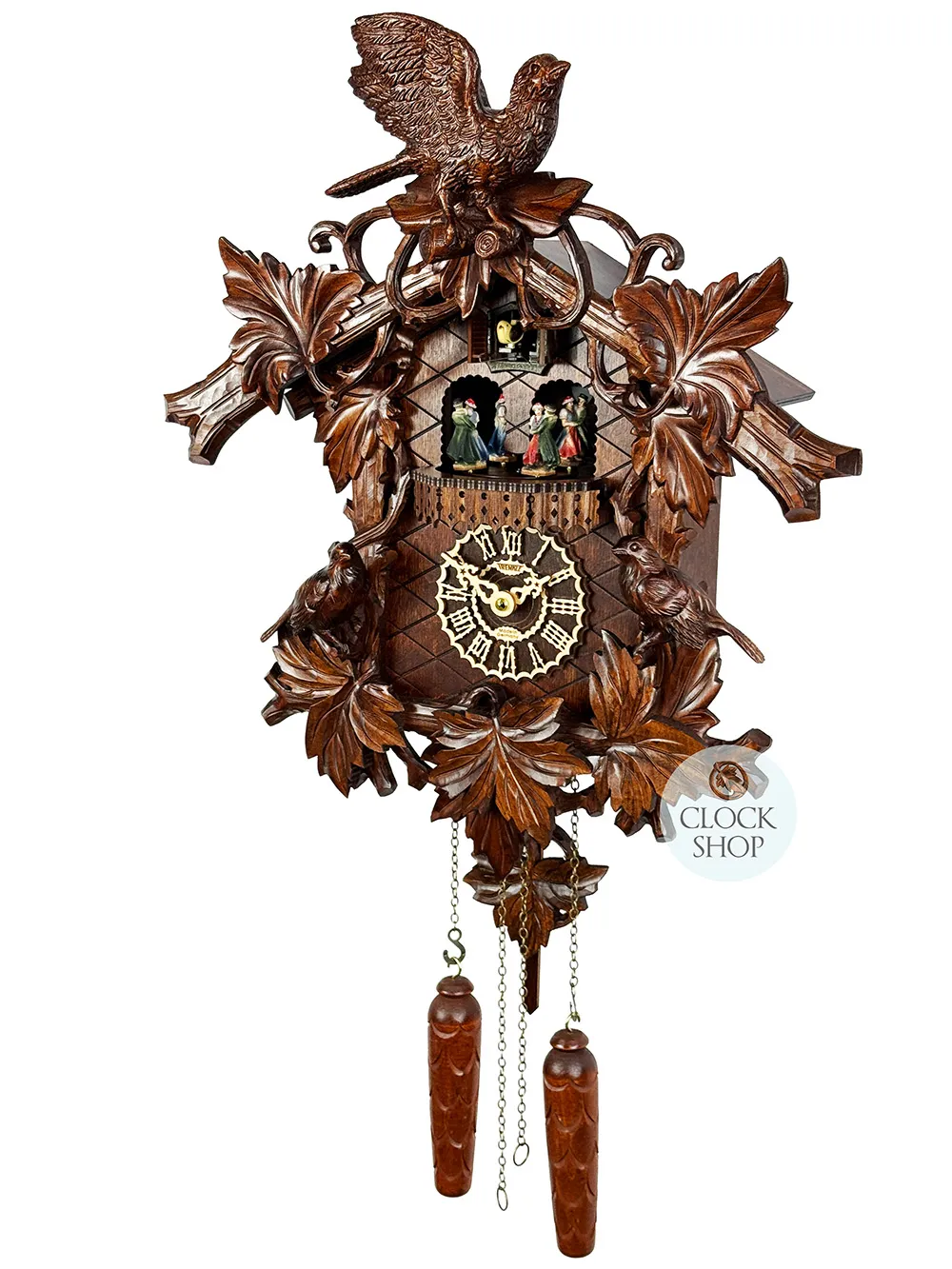 Detailed Birds & Leaves Battery Carved Cuckoo Clock With Dancers 49cm By TRENKLE image