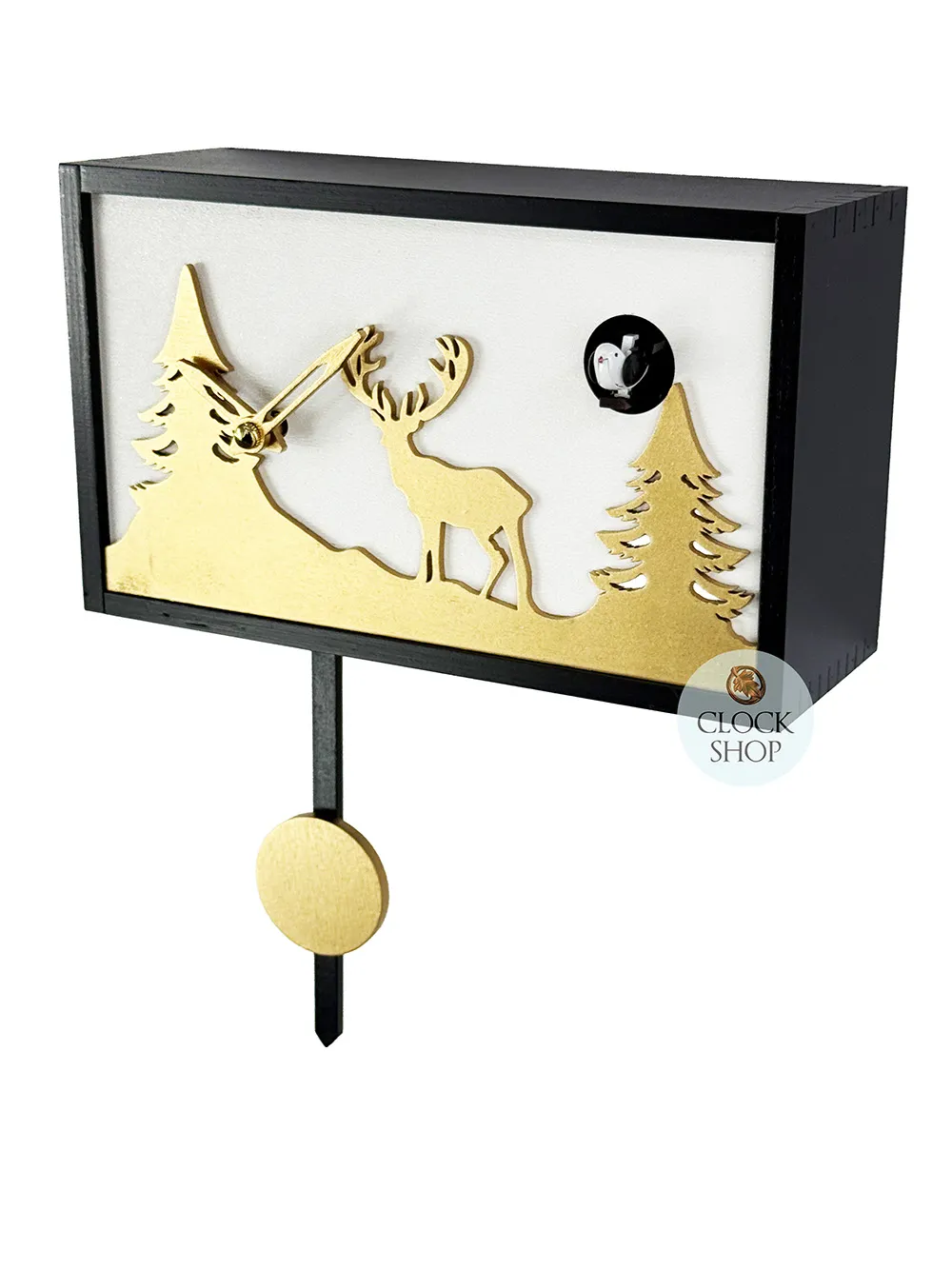Black & Gold Modern Rectangular Battery Cuckoo Clock With Deer 14cm By TRENKLE image