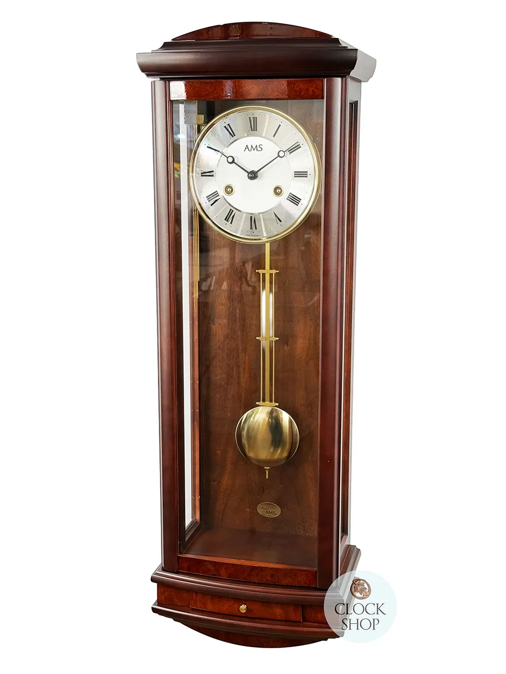 65cm Walnut 14 Day Mechanical Bim Bam Striking Wall Clock With Piano Finish & Draw By AMS image