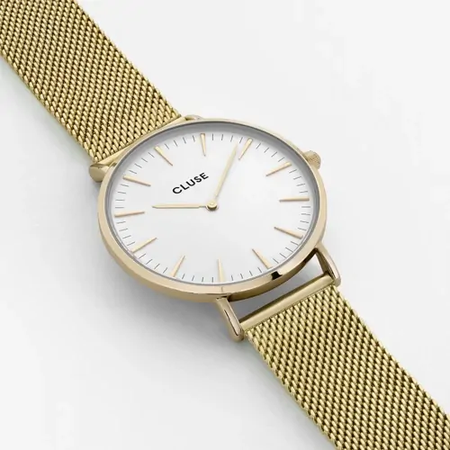 38mm Boho Chic Womens Quartz Watch With White Dial & Gold Plated Stainless Steel Mesh Band By CLUSE image