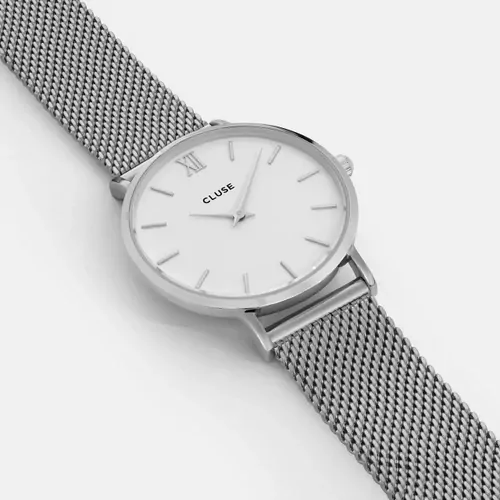 33mm Minuit Womens Quartz Watch With White Dial & Silver Stainless Steel Mesh Band By CLUSE image