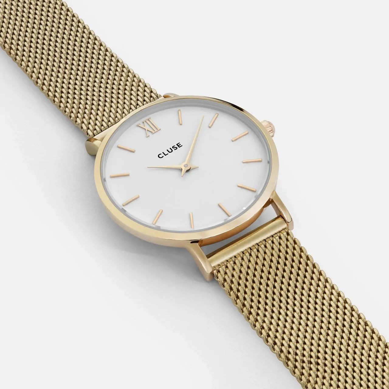 33mm Minuit Womens Quartz Watch With White Dial & Gold Stainless Steel Mesh Band By CLUSE image