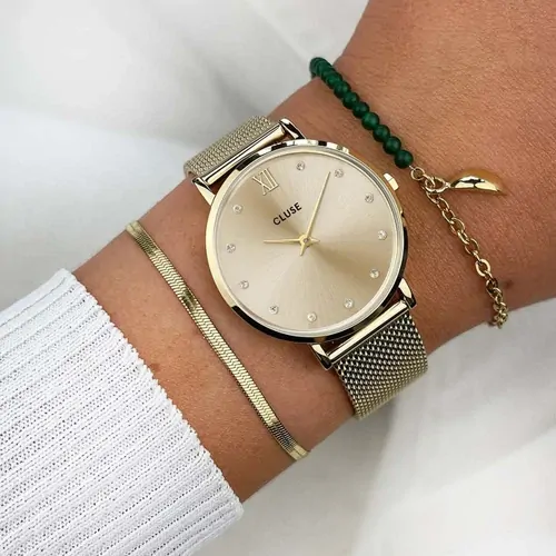 33mm Minuit Womens Quartz Watch With Gold Dial & Crystals & Stainless Steel Mesh Band By CLUSE image