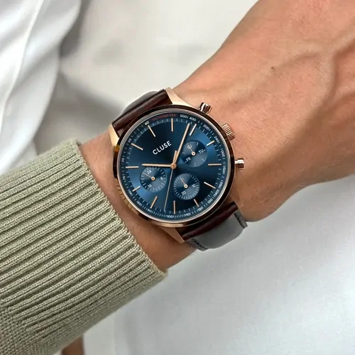 41mm Anthéor Multifunction Mens Quartz Watch With Blue & Rose Gold Dial & Brown Leather Band By CLUSE image