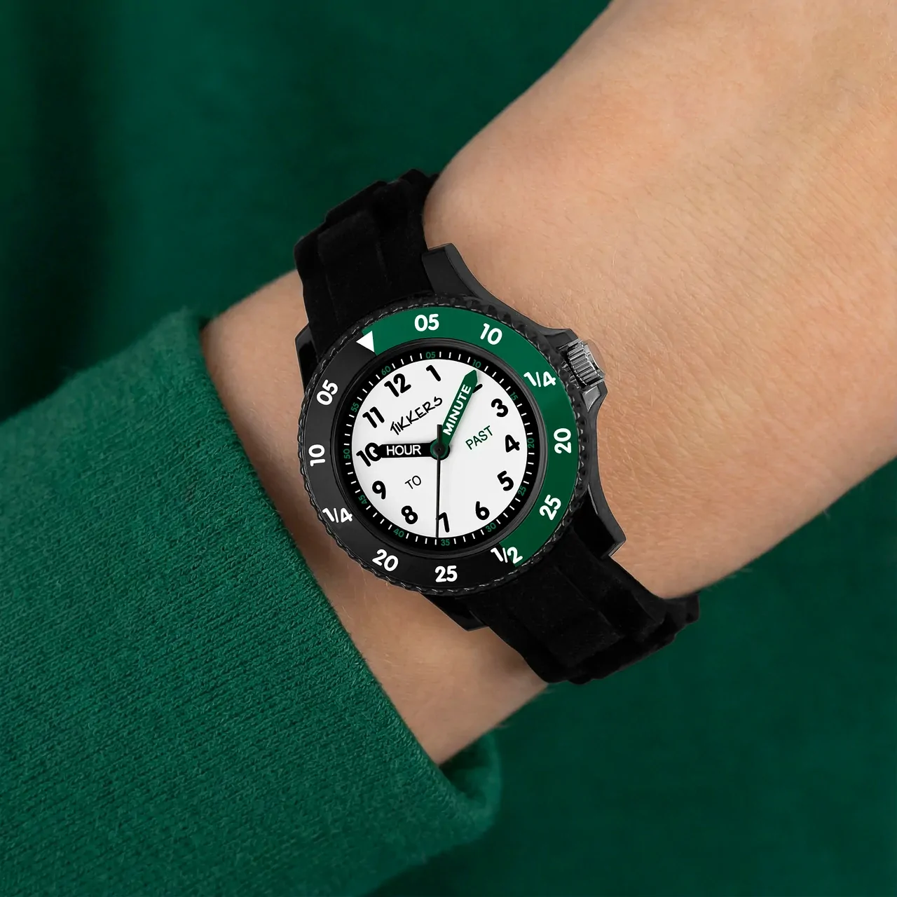 Time Teacher Black & Green Youth Quartz Watch With Silicone Strap By TIKKERS image
