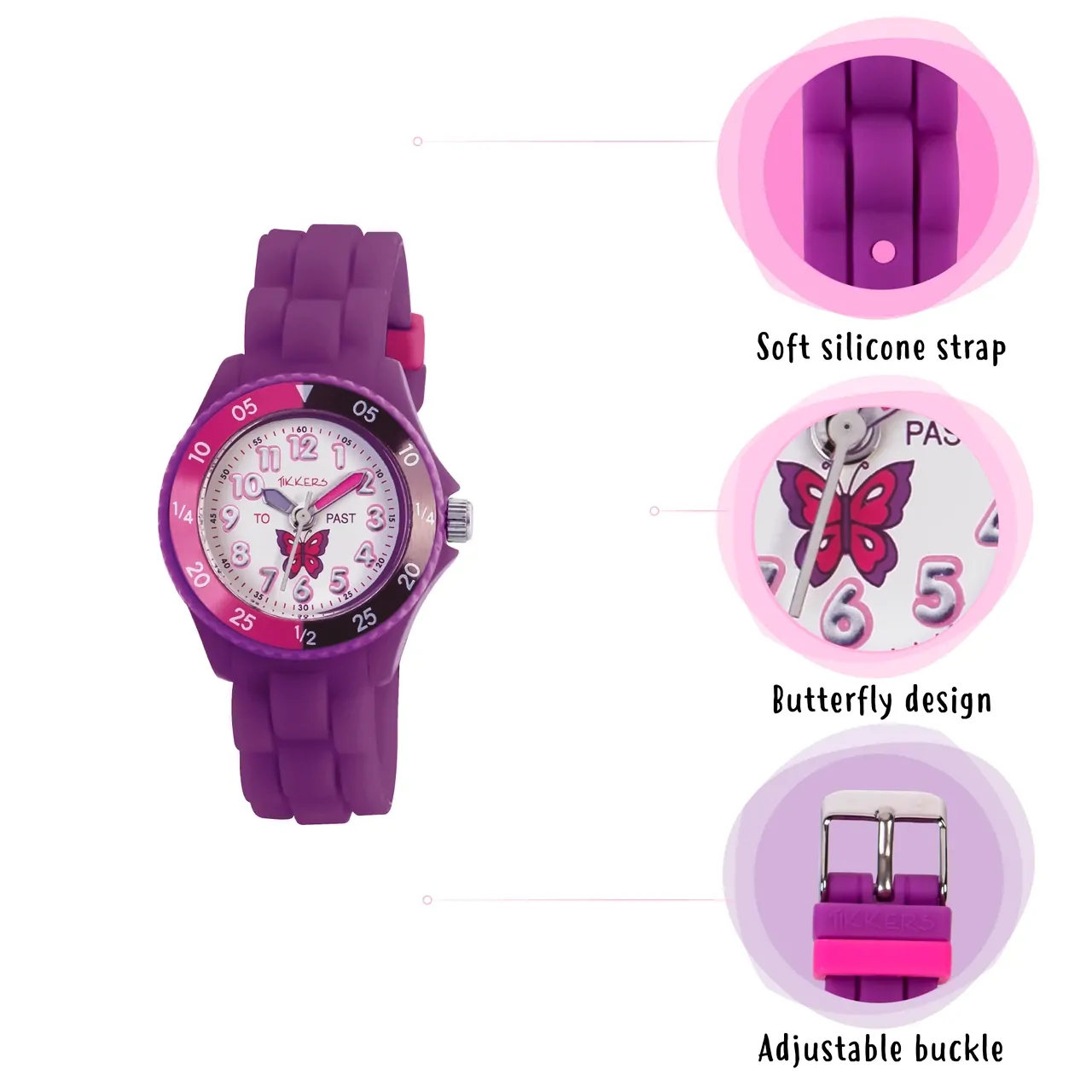 Time Teacher Dark Purple Youth Quartz Watch With Butterfly Dial & Silicone Strap By TIKKERS image