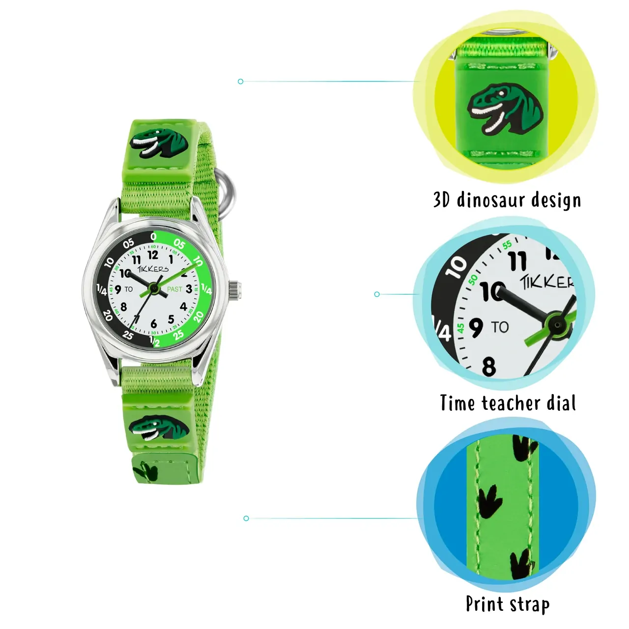 Time Teacher Green Youth Quartz Watch With Green Canvas Dinosaur Strap By TIKKERS image