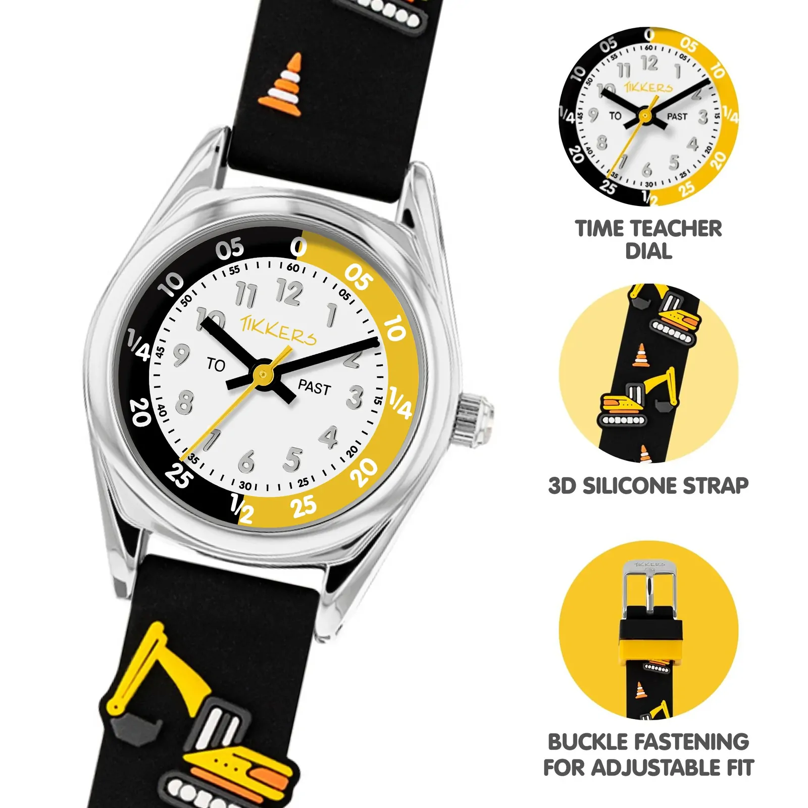 Time Teacher 3D Black & Yellow Diggers Kids Watch With Silicone Strap By TIKKERS image
