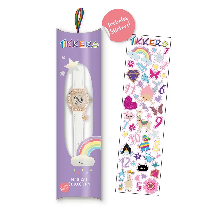 Charm Collection Rose Gold Kids Watch With Sparkly Unicorn Dial & White Leatherette Strap By TIKKERS image