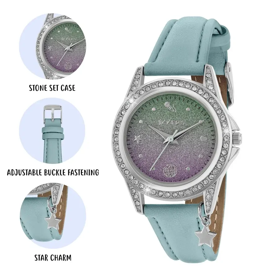 Fashion Kids Watch With Green & Purple Sparkle Dial & PU Aqua Strap By TIKKERS image