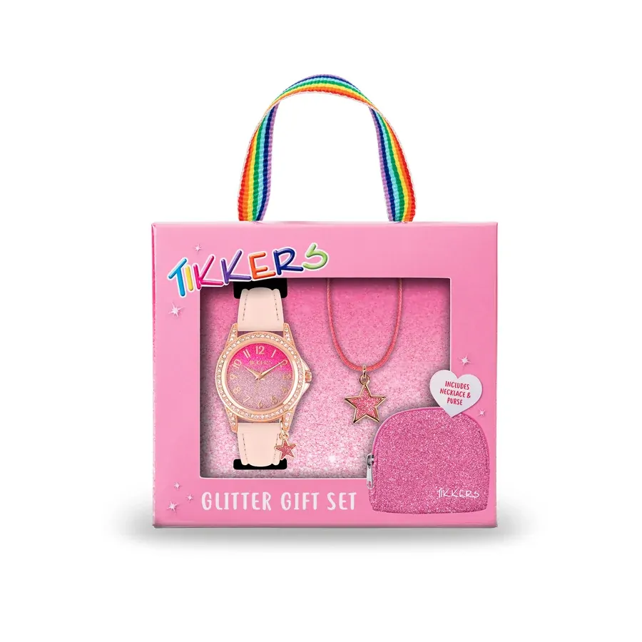 Pink Glitter Kids Watch Gift Set With Necklace & Purse By TIKKERS image