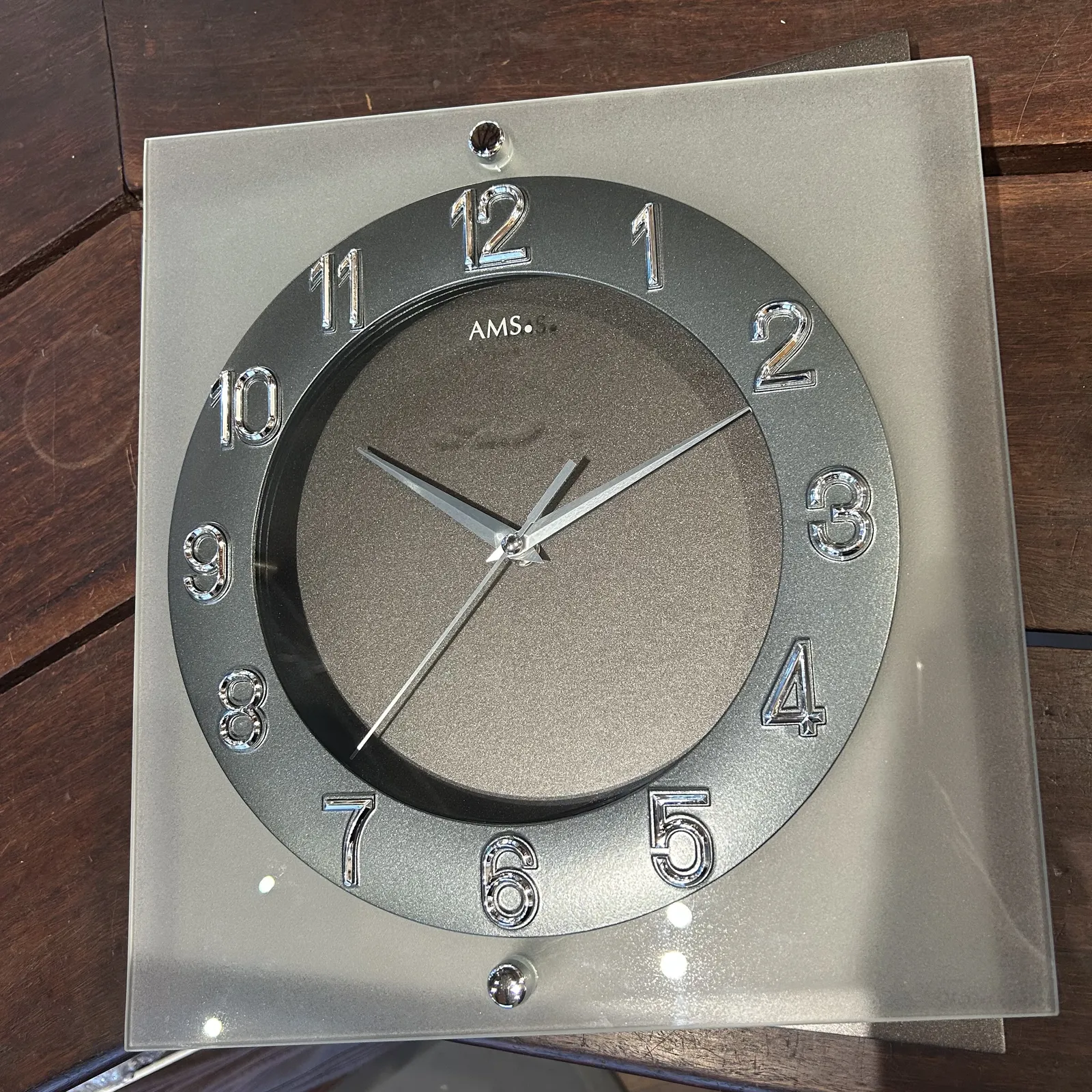 31cm Grey & Silver Silent Square Wall Clock By AMS (Dimpled Background) image