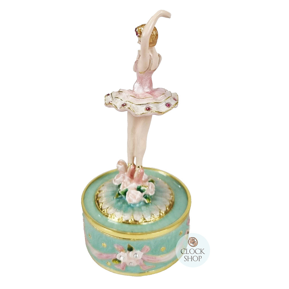ENAMEL BALLERINA MUSIC BOX FIGURINE PINK WITH GREEN BASE TUNE SWAN LAKE