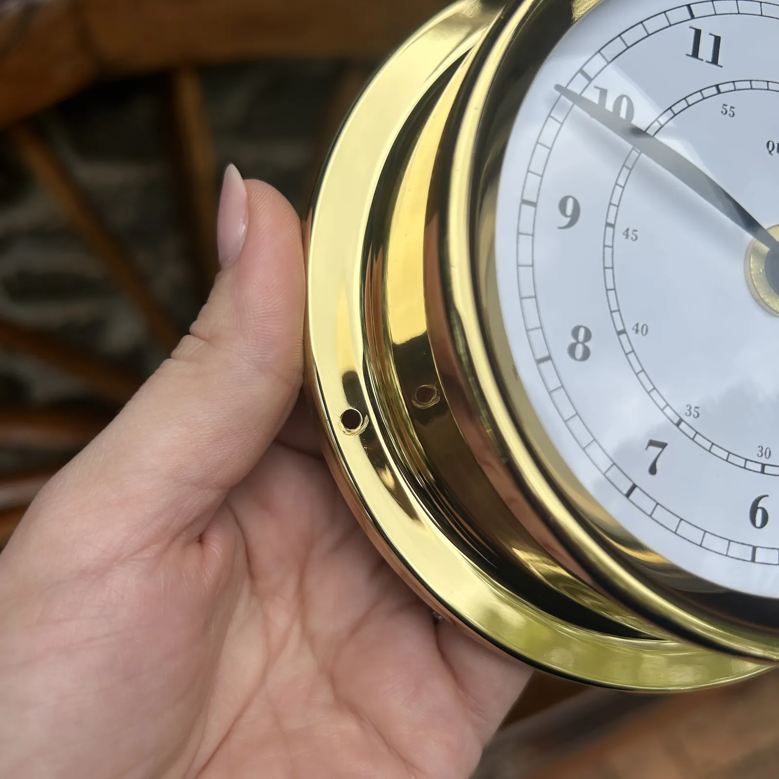 12.5cm Polished Brass Nautical Quartz Clock By FISCHER (Scratched Bezel) image