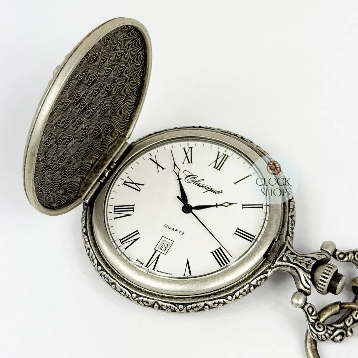 48mm Rhodium Mens Pocket Watch With Steam Train By CLASSIQUE (Roman) image