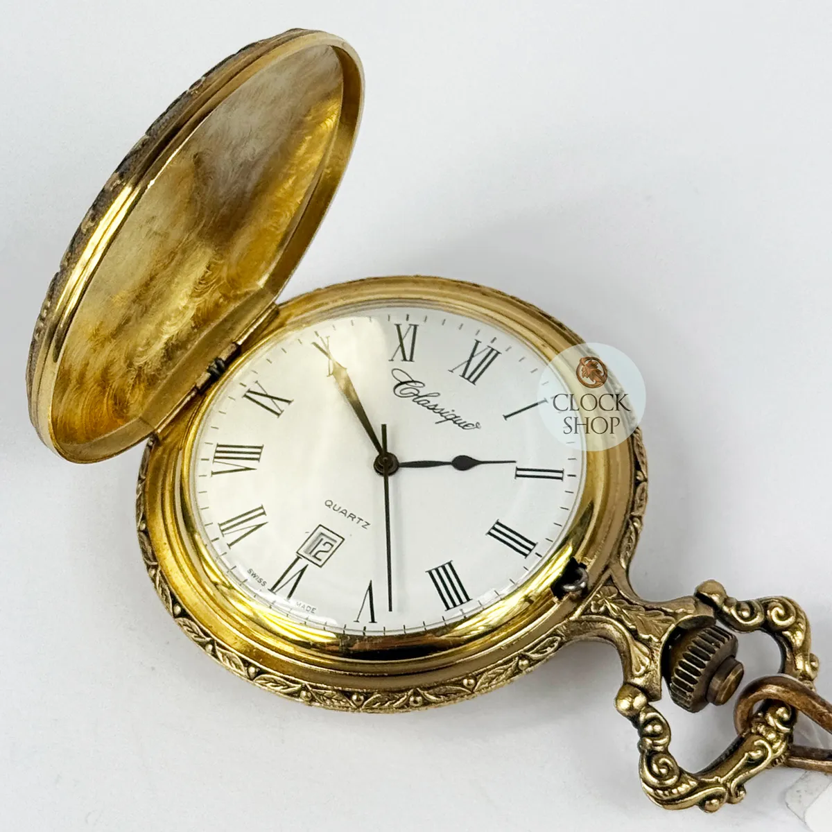 48mm Gold Mens Pocket Watch With Deer & Hunting Dogs By CLASSIQUE (Roman) image