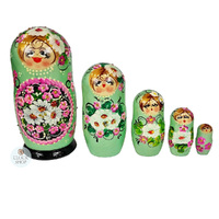 Floral Russian Dolls- Green & Pink 18cm (Set Of 5) image