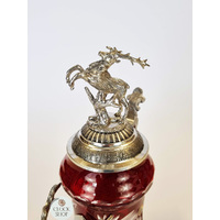 Lord Of Crystal Red Glass Beer Stein With Stag On Pewter Lid 0.5L By KING image