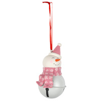 10cm Pink & White Bell Snowman Hanging Decoration- Assorted Designs image