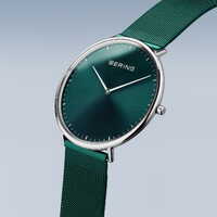 39mm Ultra Slim Collection Unisex Watch With Green Dial, Green Milanese Strap & Silver Case By BERING image