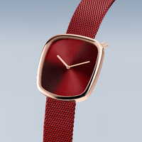 34mm Pebble Collection Womens Watch With Red Dial & Milanese Strap & Rose Gold Case By BERING image
