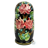 Floral Russian Dolls- Black Scarf With Pink Flowers 18cm (Set Of 5) image