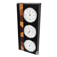 34cm Black Weather Station With Thermometer Barometer & Hygrometer With Timber Inlay By FISCHER image