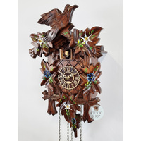 5 Leaf & Bird With Blue & White Flowers Battery Carved Cuckoo Clock 35cm By TRENKLE image