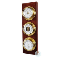 51cm Mahogany Weather Station With Barometer Thermometer Hygrometer & Tide Clock By FISCHER image
