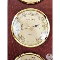 33cm Mahogany Weather Station With Barometer Thermometer & Hygrometer By FISCHER image
