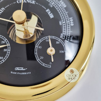 12.5cm Polished Brass Black Barometer With Thermometer & Hygrometer By FISCHER image