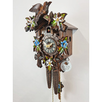 5 Leaf & Bird with Blue & White Flowers 1 Day Mechanical Carved Cuckoo Clock 22cm By ENGSTLER image
