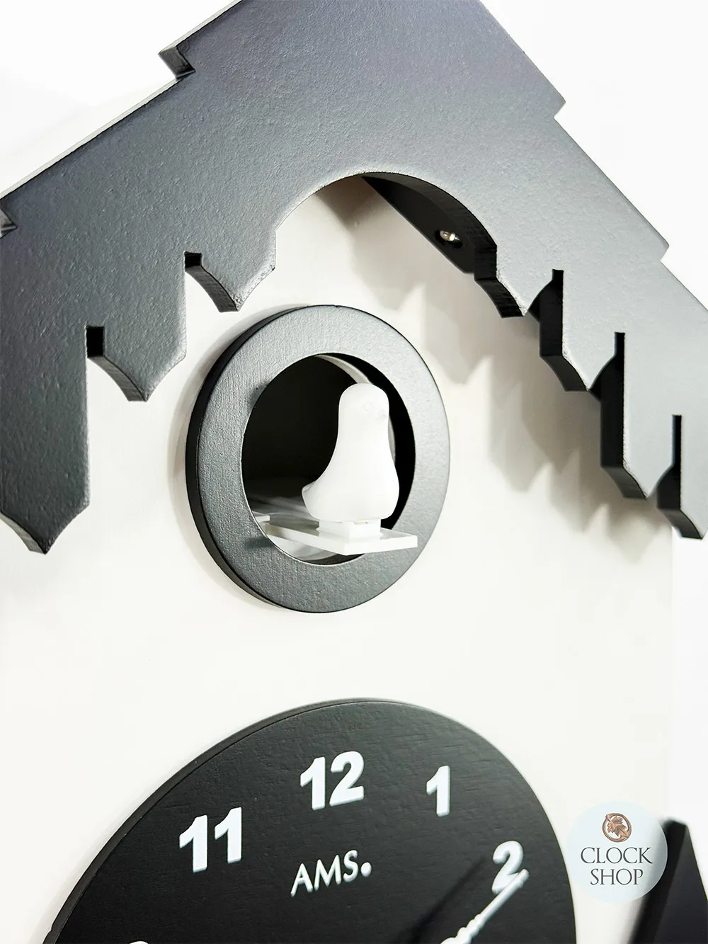 34cm Black & White Modern Battery Chalet Cuckoo Clock By AMS image