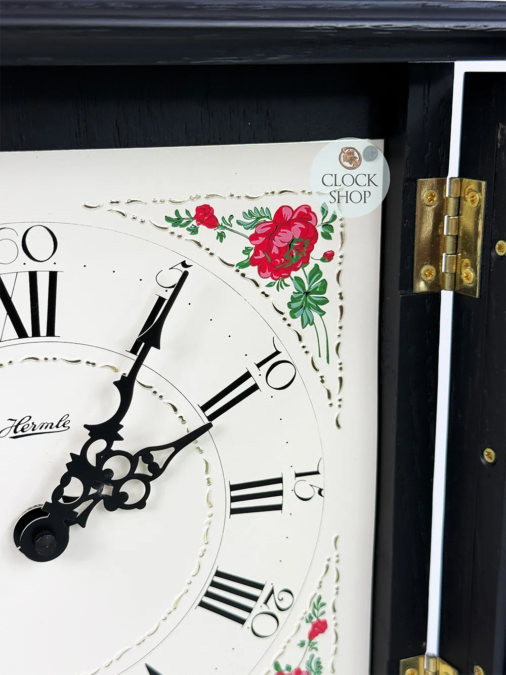 33cm Black Battery Mantel Clock With Westminster Chime & Vintage Floral Dial By HERMLE image