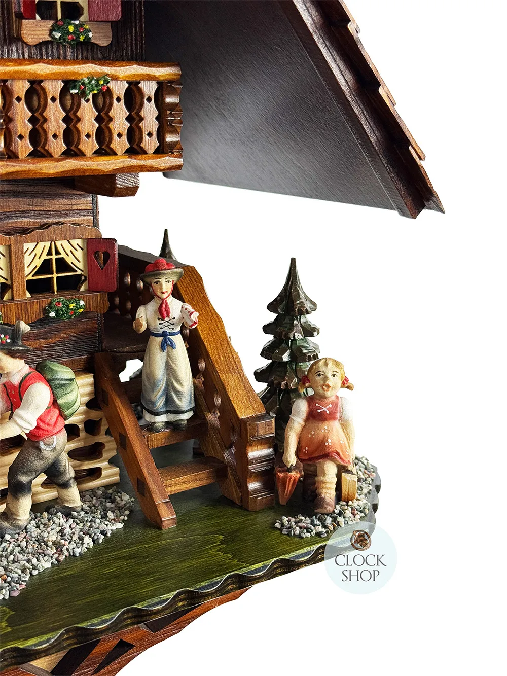 Black Forest House With Hiker & Dog Battery Chalet Cuckoo Clock 52cm By TRENKLE image