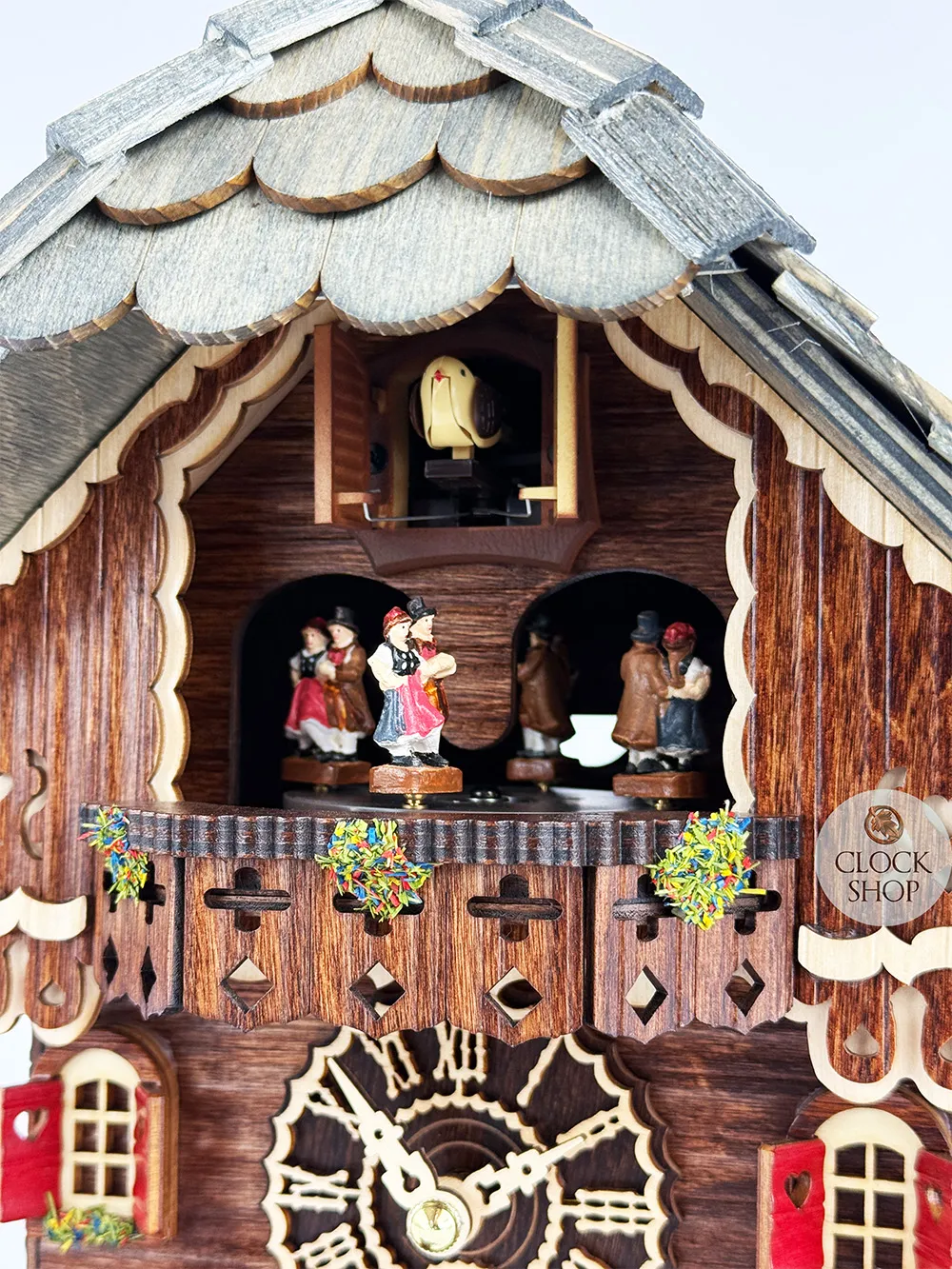 Hiker With Dog LED Battery Chalet Table Cuckoo Clock With Dancers 34cm By TRENKLE image