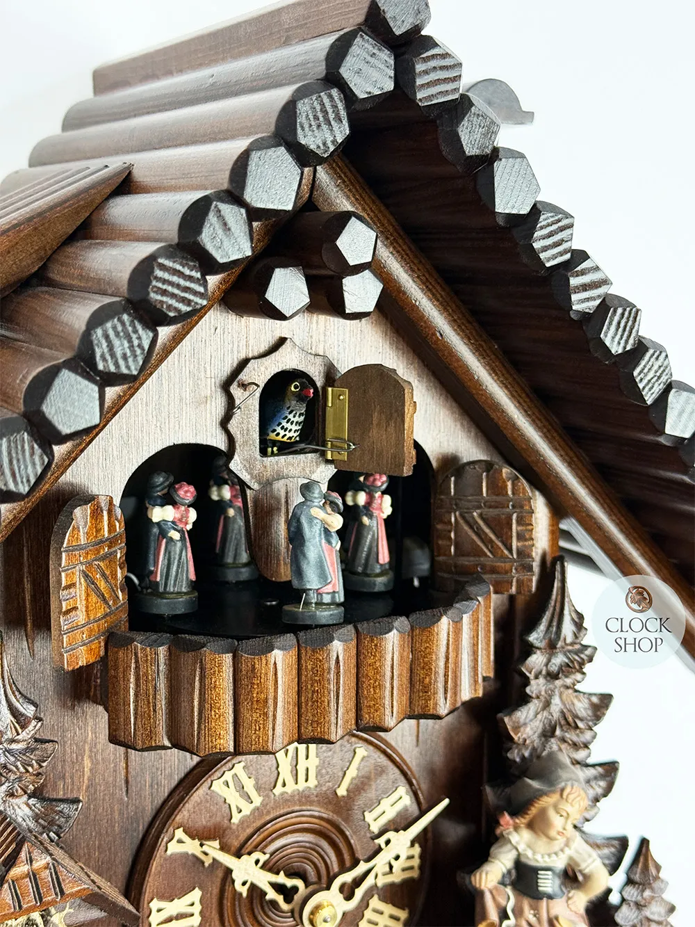 Log Cabin 8 Day Mechanical Chalet Cuckoo Clock With Girl, Geese & Dancers 38cm By SCHWER image